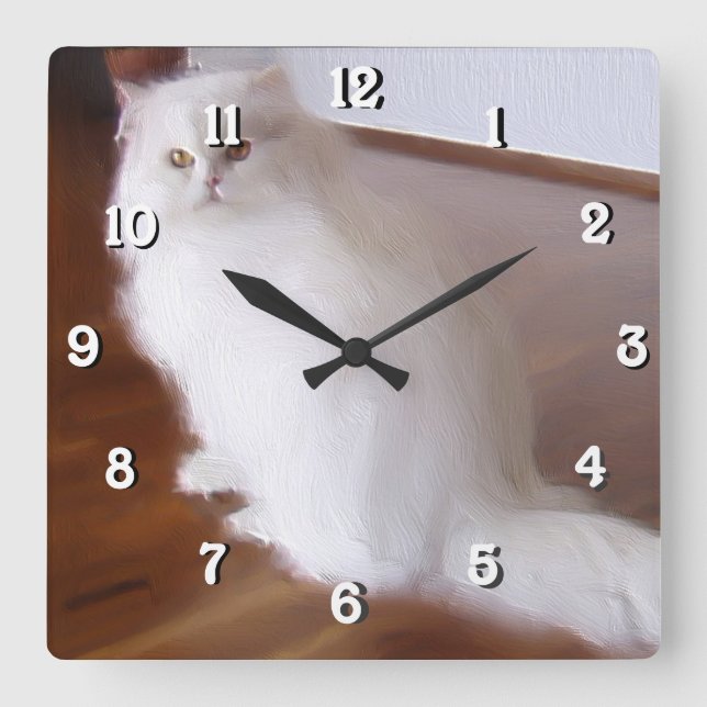 Relógio branco de gato quadrado persa (Frente)