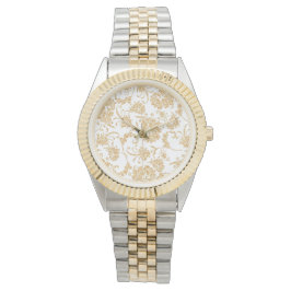 Relógio Branco Floral Elegante Dourado
