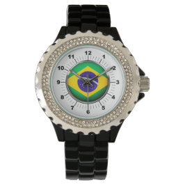 Relógio Brasil: Bandeira do Brasil Rhinestone Black Enamel