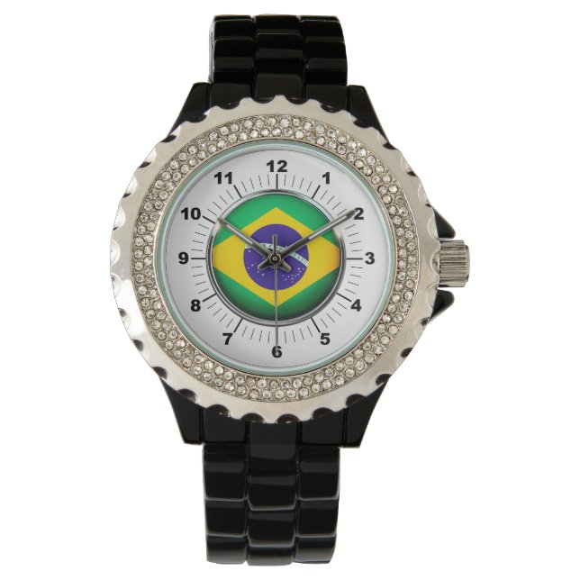 Relógio Brasil: Bandeira do Brasil Rhinestone Black Enamel (Frente)