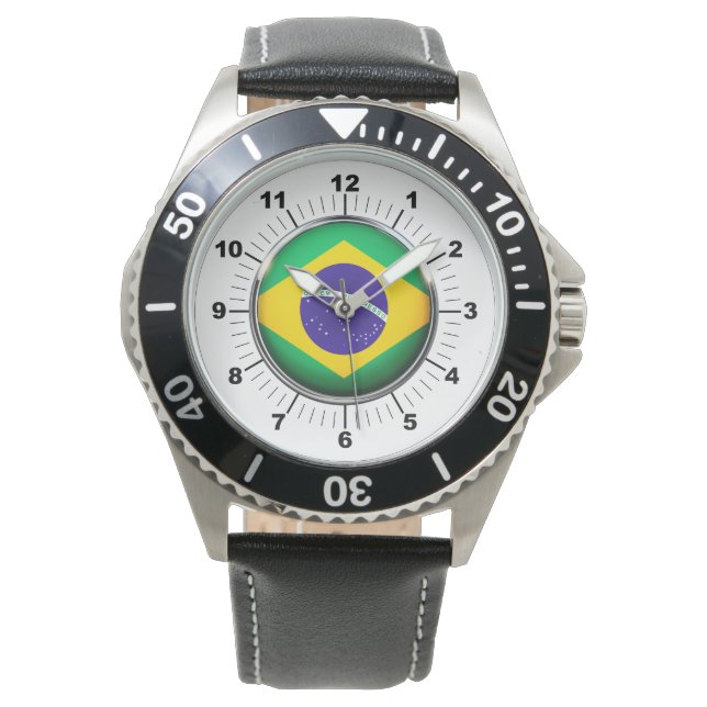 Relógio Brasil: Bandeira do couro preto (Frente)