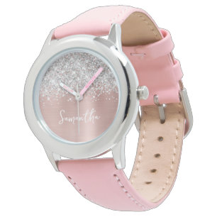 Relógio Brilho Prata Brilho Rosa Glam Branco Nome