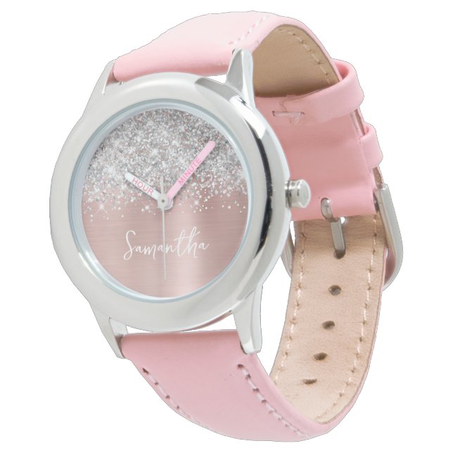 Relógio Brilho Prata Brilho Rosa Glam Branco Nome (Angular)