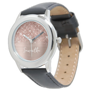 Relógio Brilho Rosa Dourado Glam Branco Nome