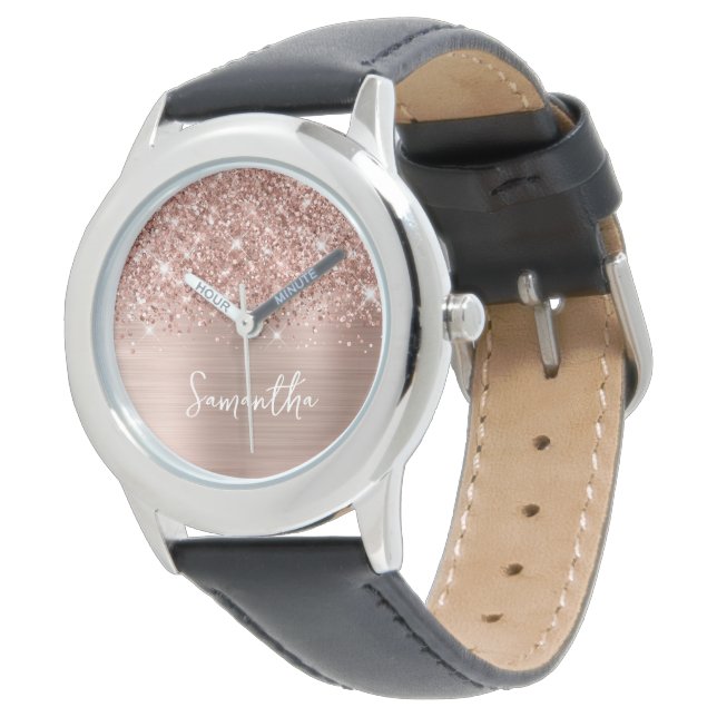 Relógio Brilho Rosa Dourado Glam Branco Nome (Angular)