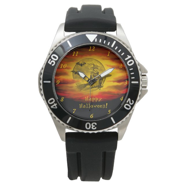 Relógio bruxa voadora com gato preto, noite de halloween (Frente)