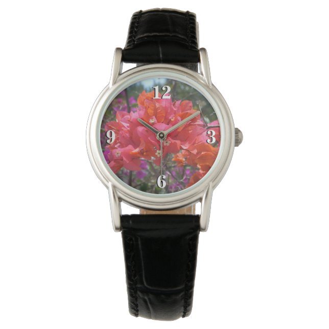 Relógio Bugainvile Floral Rosa Tropical da Ilha (Frente)