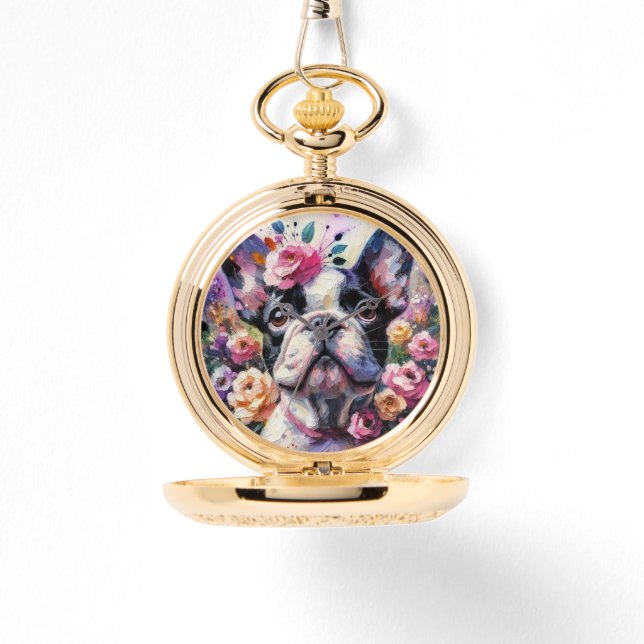 Relógio Buldogue francês com pintura impressionista Rosa (Frente)
