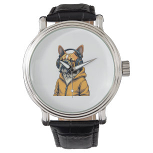 Relógio Bulldog Antigo de Headphones Vestindo Capuz Música