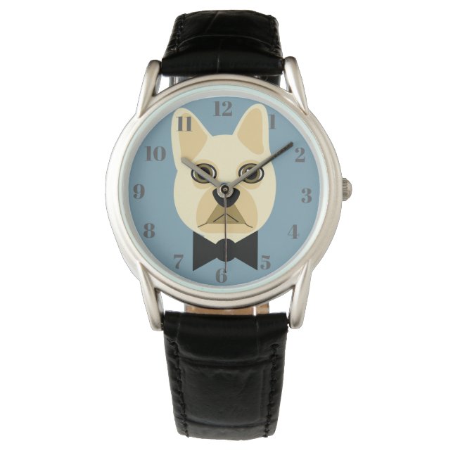 Relógio Bulldog Francês com laço azul (Frente)