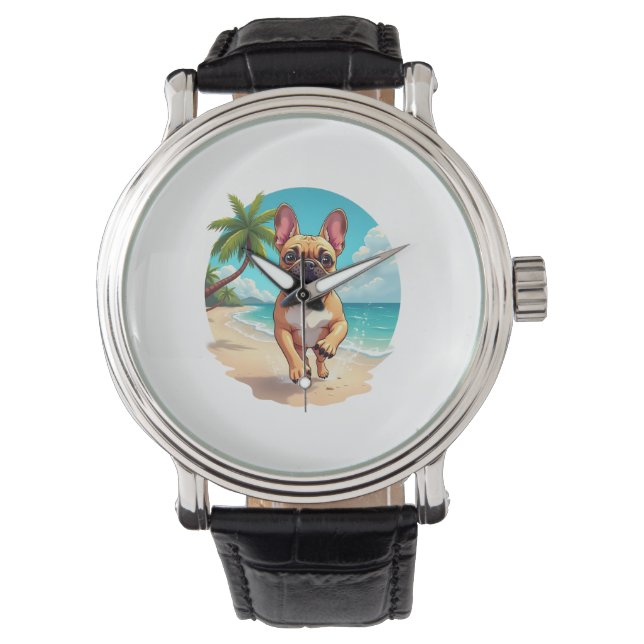 Relógio Bulldog Francês numa Praia (Frente)