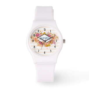 Relógio Buquê de cor laranja e rosa com quadro de diamant