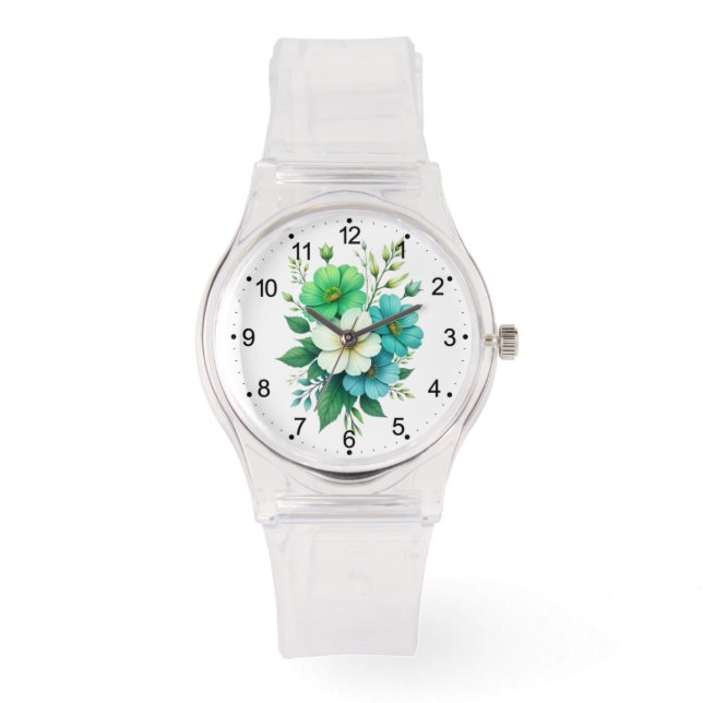 Relógio Buquê de Flores Brancas Azuis-57453 (Frente)