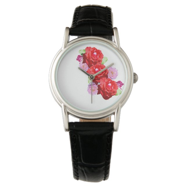 Relógio Buquê Rosa E Rosa vermelha, Couro Mineiro (Frente)