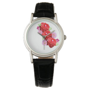 Relógio Buquê Rosa E Rosa vermelha, Senhoras De Couro