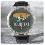 Relógio Caçador de NOMES Personalizado Elk Caça La<br><div class="desc">Design do Clube de Caça a Caçadores Personalizados de Veados - Elk com Antilers,  Palmeiras de Pinheiros Verdes,  Belo Rio e Sunset de Ouro - Personalize com seu nome ou Texto Personalizado!</div>
