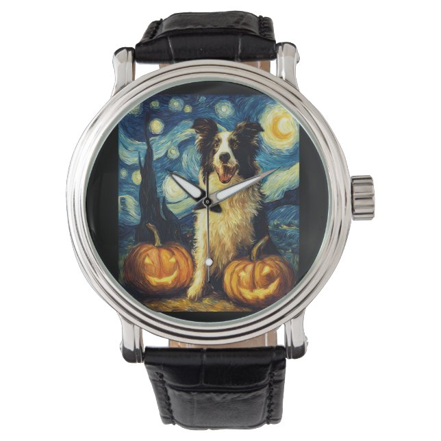 Relógio Cachorro Border Collie Fofo Abóbora de Halloween P (Frente)