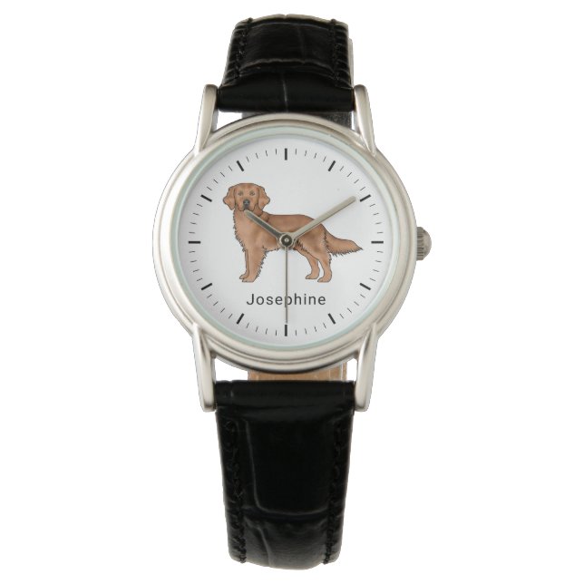 Relógio Cachorro Cute Retriever Dourado Vermelho Com Nome  (Frente)