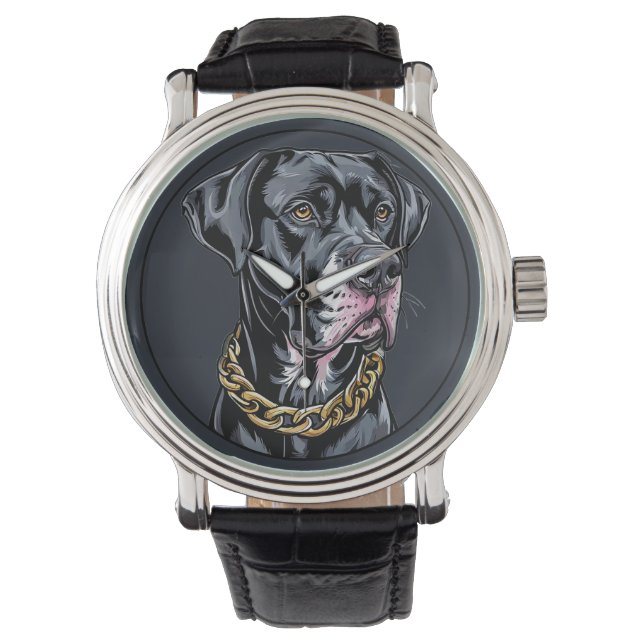 Relógio Cachorro Preto de Luxo Com Corrente de Ouro (Frente)