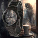 Relógio Café de Natal Engraçado<br><div class="desc">Relógio artístico com pintura de um gato rabugento tomando café. Adicione seus próprios textos engraçados ou outros.</div>