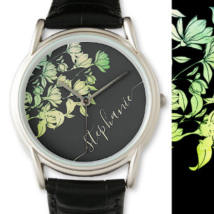 Relógio Caligrafia Signature Elegante Verde Floral Preto
