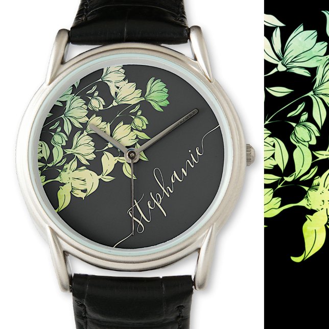 Relógio Caligrafia Signature Elegante Verde Floral Preto (Criador carregado)