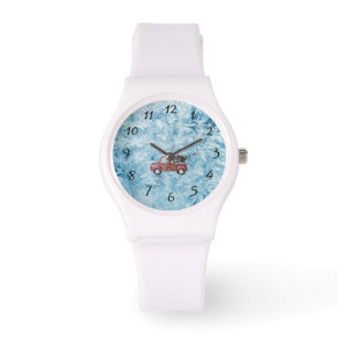 Relógio caminhão de colheita vermelho sobre fundo azul com