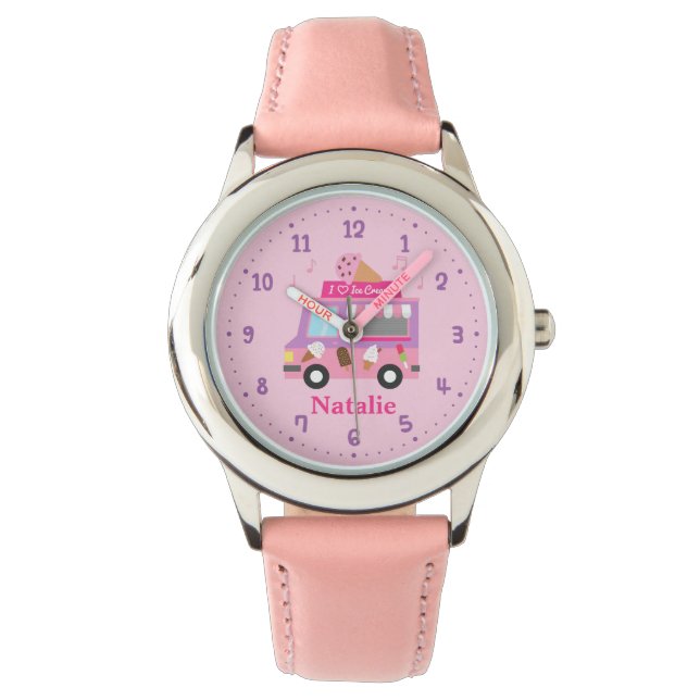 Relógio Caminhão de Sorvete Rosa Roxo Doce Para Meninas (Frente)