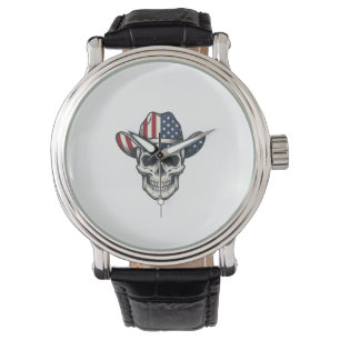 Relógio Camisa de caveira de cowboy patriota com gravação
