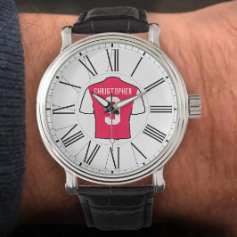 Relógio Camisa de futebol vermelha e branca com números ro