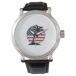 Relógio Camisa de Verão com Bandeira Americana e Palmeira