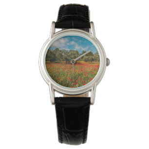 Relógio campo com flores e árvores