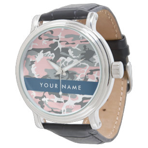 Relógio Camuflagem Rosa e Cinza Personalize seu nome