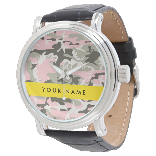 Relógio Camuflagem Rosa e Verde Personalize seu nome (Angular)