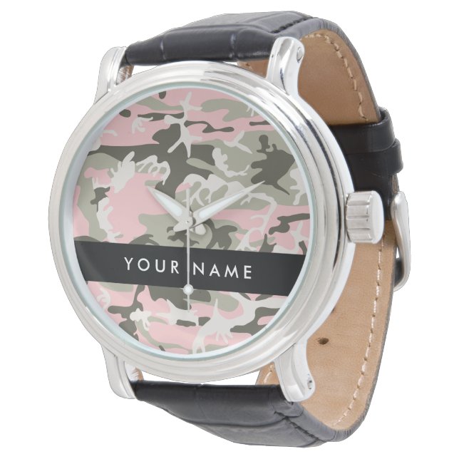 Relógio Camuflagem Rosa e Verde Personalize seu nome (Angular)