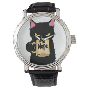 Relógio Caneca de Café Nope Cat – Gato Preto Engraçado com