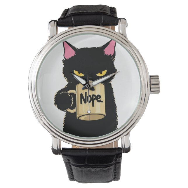 Relógio Caneca de Café Nope Cat – Gato Preto Engraçado com (Frente)