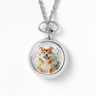 Relógio Cão Akita Shiba Inu com Flores de Aquarela Azul