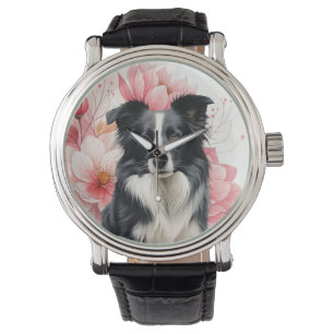Relógio Cão Border Collie e Lírios Rosa Ousados