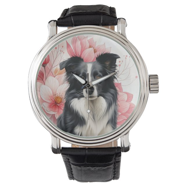 Relógio Cão Border Collie e Lírios Rosa Ousados (Frente)