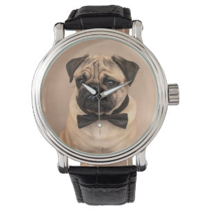 Relógio Cão do Pug da jovem corça com laço. Pulso de