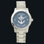 Relógio Capitão e nome do navio de ancoragem náutica<br><div class="desc">Uma Ancoragem Náutica Vintage com o título Capitão Rank ou outro e o seu nome ou nome do barco num Na moda Silver e Aqua Blue Wrist Watch. Este Pocket Watch personalizado não só vai chegar o tempo, como também é uma peça divertida de conversa. Perfeito para o Dia de...</div>