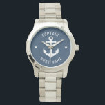 Relógio Capitão e nome do navio de ancoragem náutica<br><div class="desc">Uma Ancoragem Náutica Vintage com o título Capitão Rank ou outro e o seu nome ou nome do barco num Na moda Silver e Aqua Blue Wrist Watch. Este Pocket Watch personalizado não só vai chegar o tempo, como também é uma peça divertida de conversa. Perfeito para o Dia de...</div>