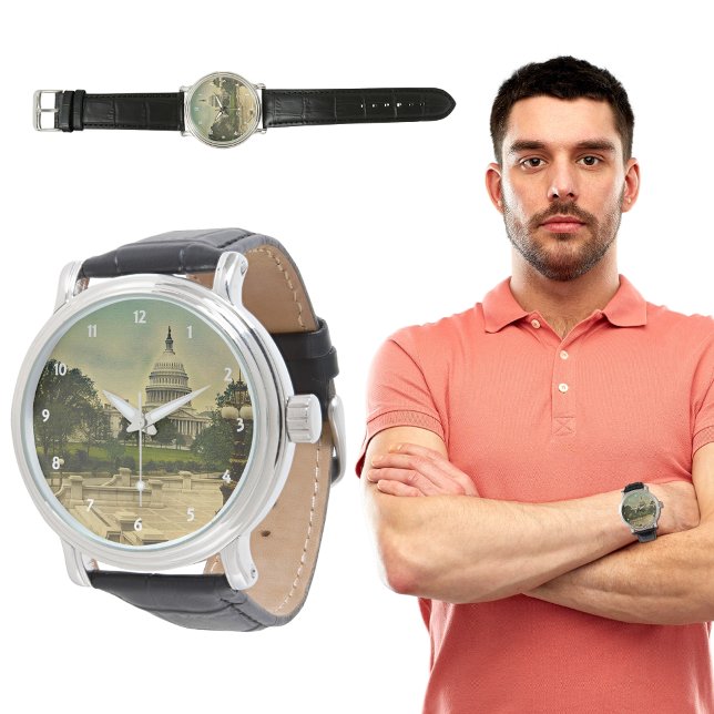 Relógio Capitólio dos Estados Unidos das Etapas da Bibliot (United States Capitol from Library Steps Date 1898 Watch)