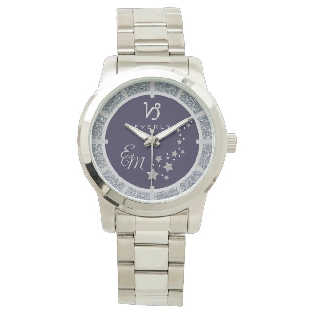 Relógio Capricórnio Zodiac Silver Glitter Azul Escuro Mono (Frente)