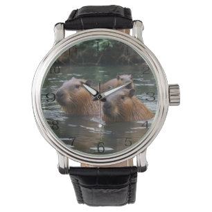 Relógio Capybara está nadando no rio,