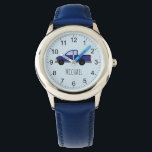 Relógio Carro-caminhoneiro azul-bonito com crianças<br><div class="desc">Este bonitinho design mostra um desenho azul escuro de carrinha,  e pode ser personalizado com o nome do seu filho. Perfeito para pequenos amantes de chevê,  carro ou jipe,  e excelente como um primeiro relógio,  com números facilmente legíveis! Veja na nossa loja outros designs bonitos.</div>