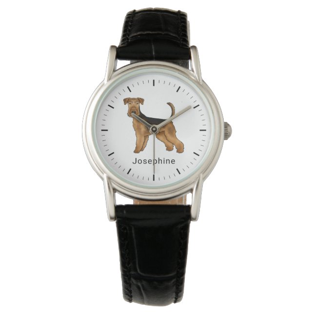 Relógio Cartoon de Airedale Terrier com Nome Personalizado (Frente)