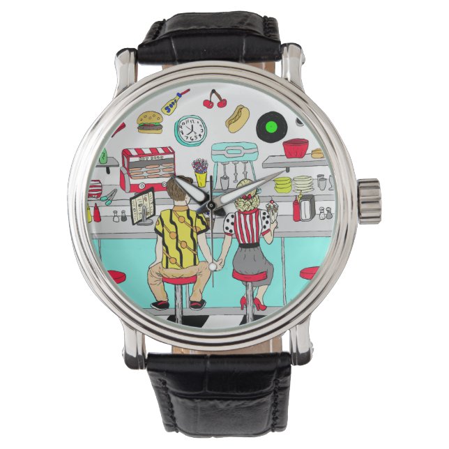 Relógio casal de 1950 segurando mãos no jantar (Frente)