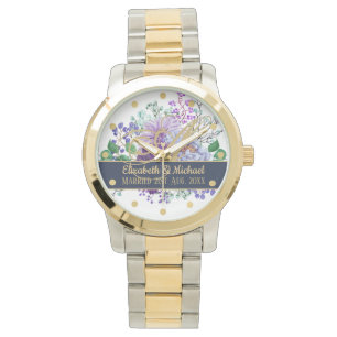 Relógio Casamento de recém-casados Dourados Florais Roxo M